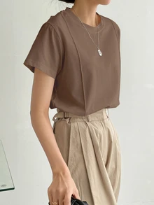 Dazy-Less 纯色缝线细节T恤商务休闲女士工作服 - 咖啡棕 - 查看 5