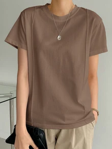 Dazy-Less 纯色缝线细节T恤商务休闲女士工作服 - 咖啡棕 - 查看 4