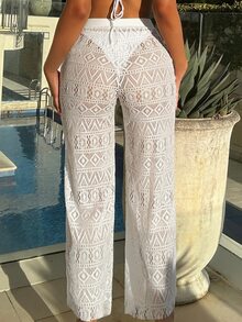 Bonvoyette Summer Women's White High Waist Trousers Beach Hollow Drawstring Waist Sexy Trousers Cover Up - White - View 3