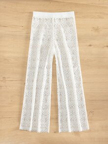Bonvoyette Summer Women's White High Waist Trousers Beach Hollow Drawstring Waist Sexy Trousers Cover Up - White - View 5