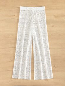 Bonvoyette Summer Women's White High Waist Trousers Beach Hollow Drawstring Waist Sexy Trousers Cover Up - White - View 8