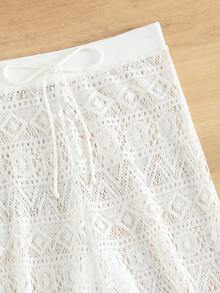 Bonvoyette Summer Women's White High Waist Trousers Beach Hollow Drawstring Waist Sexy Trousers Cover Up - White - View 6