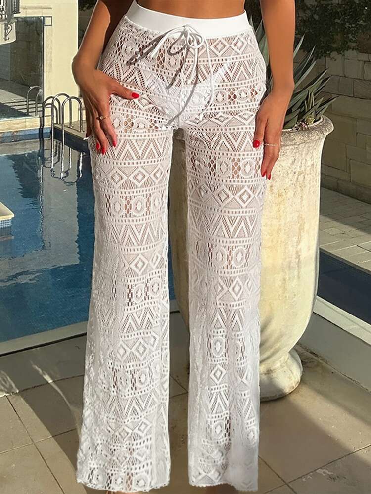 SHEIN Swim 夏季女士白色高腰长裤沙滩镂空抽绳腰性感长裤罩衫 - 白色 - 查看 1