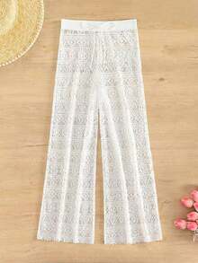 Bonvoyette Summer Women's White High Waist Trousers Beach Hollow Drawstring Waist Sexy Trousers Cover Up - White - View 4