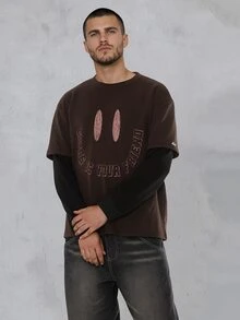 FORM&CHAOS Men's Autumn/Winter Smiling Face Print Oversized Patchwork Contrast Sleeve T-Shirt - Multicolor - View 3