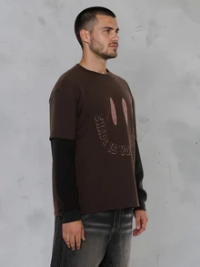 FORM&CHAOS Men's Autumn/Winter Smiling Face Print Oversized Patchwork Contrast Sleeve T-Shirt - Multicolor - View 6