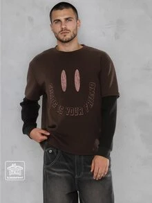 FORM&CHAOS Men's Autumn/Winter Smiling Face Print Oversized Patchwork Contrast Sleeve T-Shirt - Multicolor - View 1