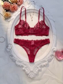 Crystal Vow 2件套粉色浪漫女士钢圈文胸套装 - 酒紅色 - 查看 2