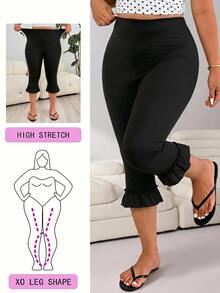 SHEIN EZwear Plus Size Casual Versatile Solid Color Ruffle Hem Pants - Black - View 2