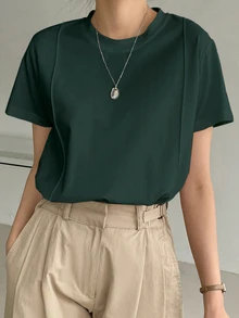 Dazy-Less Solid Seam Detail Tee Business Casual Woman Work Clothes - Dark Green - View 6