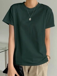 Dazy-Less Solid Seam Detail Tee Business Casual Woman Work Clothes - Dark Green - View 4