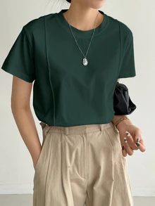 Dazy-Less Solid Seam Detail Tee Business Casual Woman Work Clothes - Dark Green - View 2