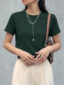 Dazy-Less Solid Seam Detail Tee Business Casual Woman Work Clothes - Dark Green - View 7