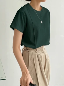 Dazy-Less Solid Seam Detail Tee Business Casual Woman Work Clothes - Dark Green - View 5