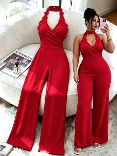 Juhart Women's Plus Size Elegant Casual Halter Neck Red Lace Criss-Cross Waist Wide Leg Elastic Jumpsuit