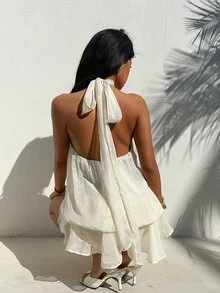 Aloruh 女士优雅浅黄色露背系带迷你连衣裙，米白色闪光面料，适合生日、婚礼宾客、夏季情人节等场合的夜间派对礼服 - 杏色 - 查看 2