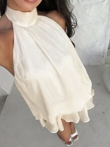 Aloruh 女士优雅浅黄色露背系带迷你连衣裙，米白色闪光面料，适合生日、婚礼宾客、夏季情人节等场合的夜间派对礼服 - 杏色 - 查看 5