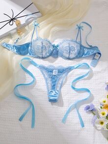 SHEIN 2件套女士勃艮第浪漫刺绣系带丁字裤内衣套装 - 淺藍色 - 查看 5