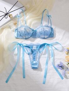 SHEIN 2件套女士勃艮第浪漫刺绣系带丁字裤内衣套装 - 淺藍色 - 查看 3