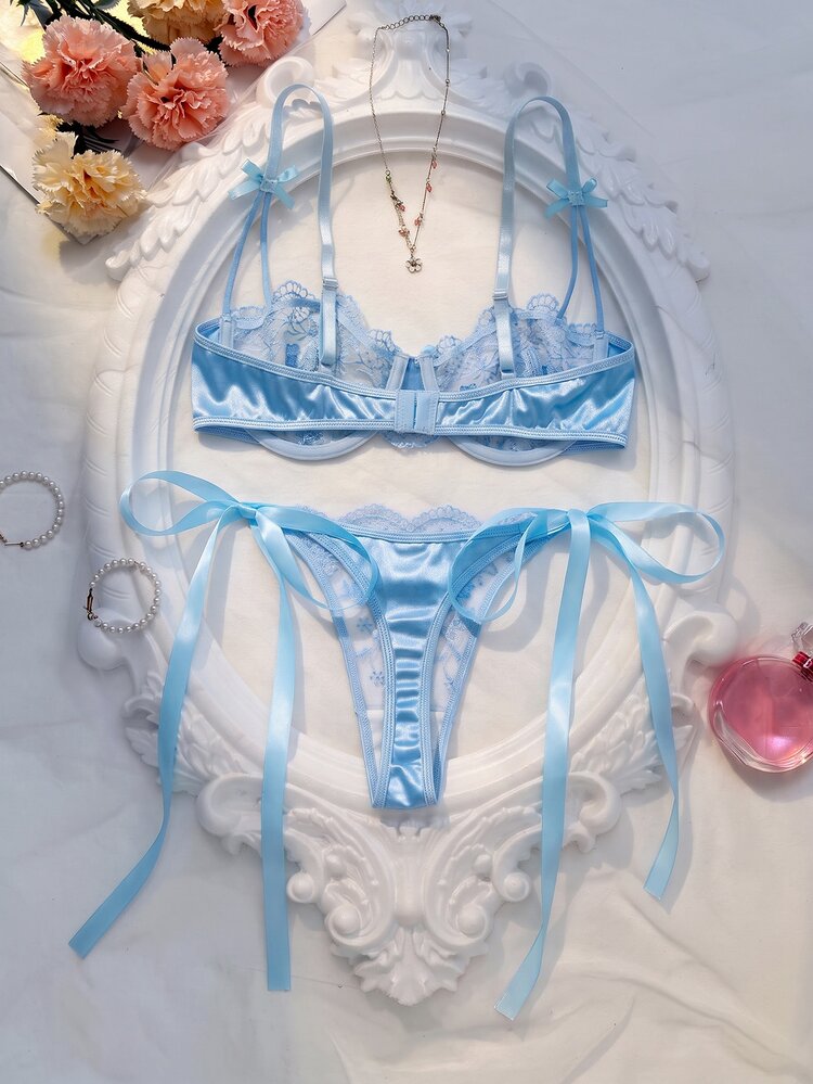 SHEIN 2pcs Women's Burgundy Romantic Embroidery Lace-Up Thong Lingerie Set Lace Bra Set Butterfly Lingerie Set Baby Blue Lingerie Set Lace Lingerie Set - Baby Blue - View 2