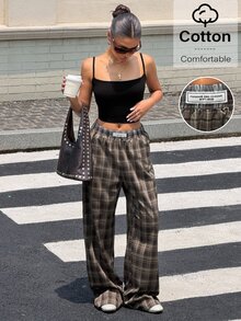 Muchica 女款格紋編織直筒長褲 日常通勤 灰色格紋 秋冬休閒復古 - 彩色 - 查看 7