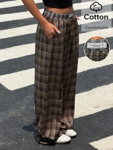 Muchica 女款格紋編織直筒長褲 日常通勤 灰色格紋 秋冬休閒復古 - 彩色 - 查看 6