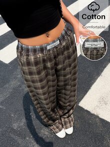 Muchica 女款格紋編織直筒長褲 日常通勤 灰色格紋 秋冬休閒復古 - 彩色 - 查看 5