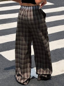 Muchica 女款格紋編織直筒長褲 日常通勤 灰色格紋 秋冬休閒復古 - 彩色 - 查看 3