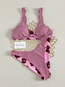 SHEIN Swim 夏季度假性感沙滩花卉格纹双面低胸扭结前襟女士泳装套装 - 彩色 - 查看 6
