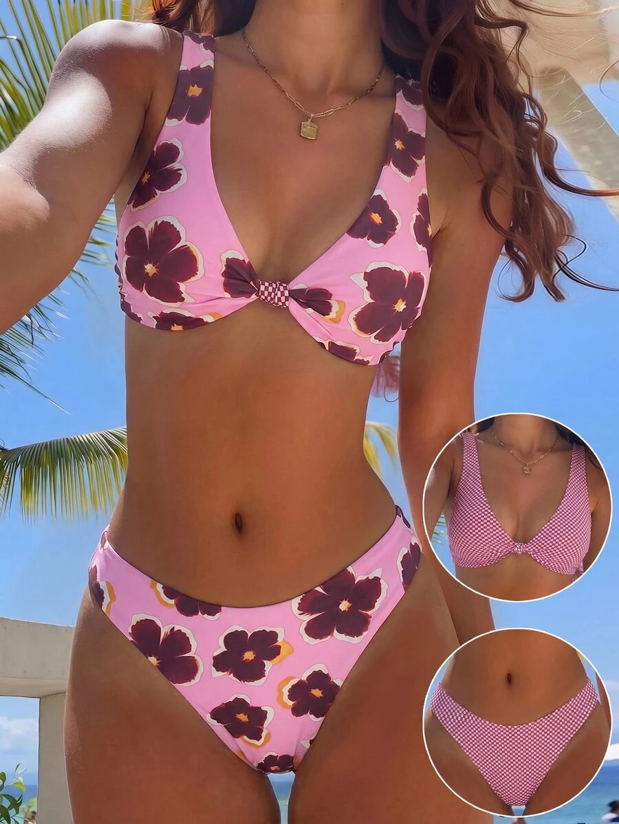 SHEIN Swim 夏季度假性感沙滩花卉格纹双面低胸扭结前襟女士泳装套装 - 彩色 - 查看 1