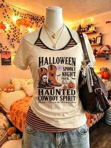 SHEIN EZwear 萬聖節橘色復古標語印花條紋拼接掛脖式 2 合 1 T恤 - 彩色 - 查看 6