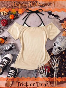 SHEIN EZwear 萬聖節橘色復古標語印花條紋拼接掛脖式 2 合 1 T恤 - 彩色 - 查看 2