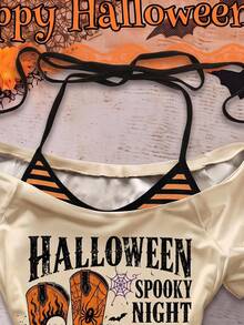 SHEIN EZwear 萬聖節橘色復古標語印花條紋拼接掛脖式 2 合 1 T恤 - 彩色 - 查看 3