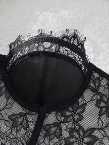 SHEIN French Black Lace Lingerie Set With Contrast Details Lingerie - Black - View 6