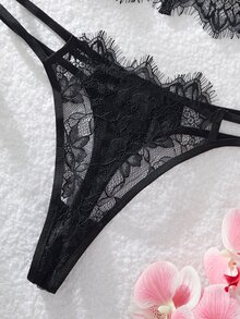 SHEIN French Black Lace Lingerie Set With Contrast Details Lingerie - Black - View 7
