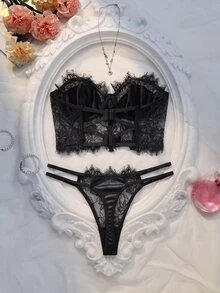 SHEIN French Black Lace Lingerie Set With Contrast Details Lingerie - Black - View 2