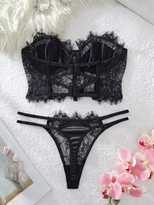 SHEIN French Black Lace Lingerie Set With Contrast Details Lingerie - Black - View 4