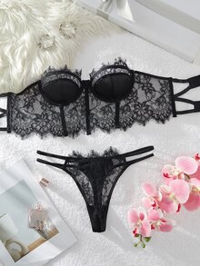 SHEIN French Black Lace Lingerie Set With Contrast Details Lingerie - Black - View 3