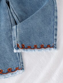 SHEIN Vintaside Kids 女嬰 2 件組秋季幼兒可愛格紋長袖櫻桃刺繡上衣與寬腿牛仔褲套裝 秋季服飾 - 藍色 - 查看 6