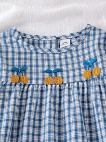 SHEIN Vintaside Kids 女嬰 2 件組秋季幼兒可愛格紋長袖櫻桃刺繡上衣與寬腿牛仔褲套裝 秋季服飾 - 藍色 - 查看 10