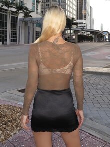 Luzma Cabello Luzma Cabello Women's Olive Green Long Sleeve Lace Top,Autumn Seksi Chic Night Out See-Through Round Neck Asymmetric Hem Top For Cocktail Rave Party Clothing - Olive Green - View 2