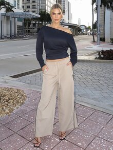Luzma Cabello Luzma Cabello Apricot Knit Asymmetric Shoulder Long Sleeve Top For Women, Autumn/Winter - Navy Blue - View 5