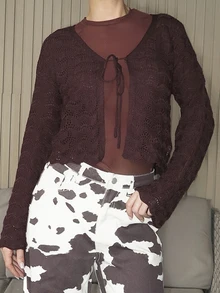 Luzma Cabello Luzma Cabello Women's Elegant Tie-Front Hollow Out Cardigan - Coffee Brown - View 6
