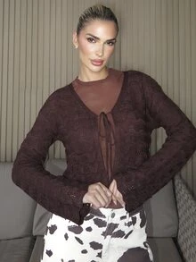 Luzma Cabello Luzma Cabello Women's Elegant Tie-Front Hollow Out Cardigan - Coffee Brown - View 5