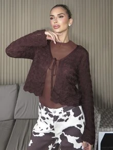 Luzma Cabello Luzma Cabello Women's Elegant Tie-Front Hollow Out Cardigan - Coffee Brown - View 4