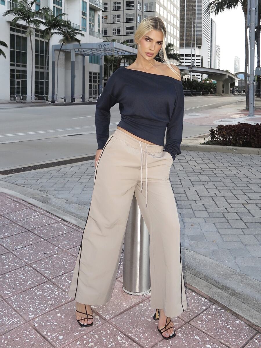 Luzma Cabello Luzma Cabello Women Front-Tie Striped Patchwork Casual Long Pants, Everyday Wear Wide Pants - Khaki - View 1