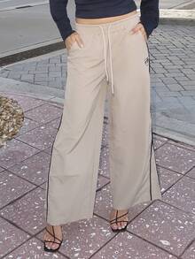 Luzma Cabello Luzma Cabello Women Front-Tie Striped Patchwork Casual Long Pants, Everyday Wear Wide Pants - Khaki - View 5