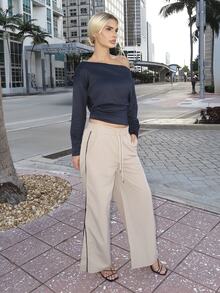 Luzma Cabello Luzma Cabello Women Front-Tie Striped Patchwork Casual Long Pants, Everyday Wear Wide Pants - Khaki - View 3