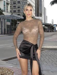 Luzma Cabello Luzma Cabello Y2K Sexy Asymmetrical Hem Lace Trim Skirt, Suitable For Vacation And Commute - Black - View 3