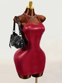 Mistrie Dark Red Leopard Print Crocodile Embossed Glossy Spaghetti Strap Bodycon Mini Dress Side Cutout Sexy Tight Fit Party Night Out Club Halloween Summer - Red - View 6